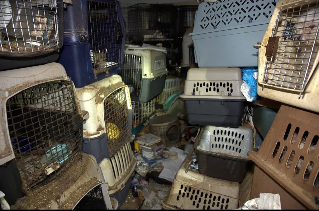 Cat cages piled up in the hoarded home.
