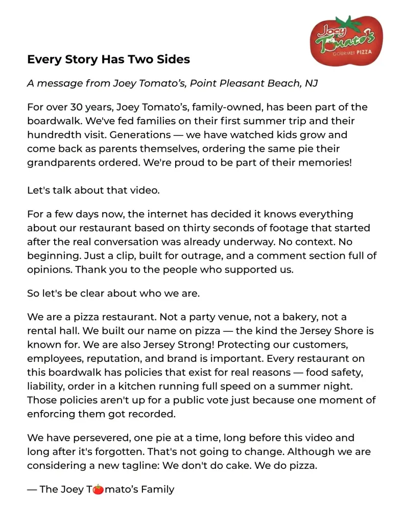 The business released the statement on social media days after the viral video was posted.