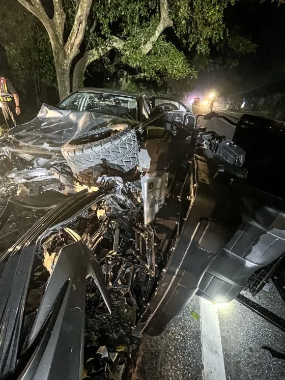 A severely damaged vehicle after a crash in Folly Beach, South Carolina.
