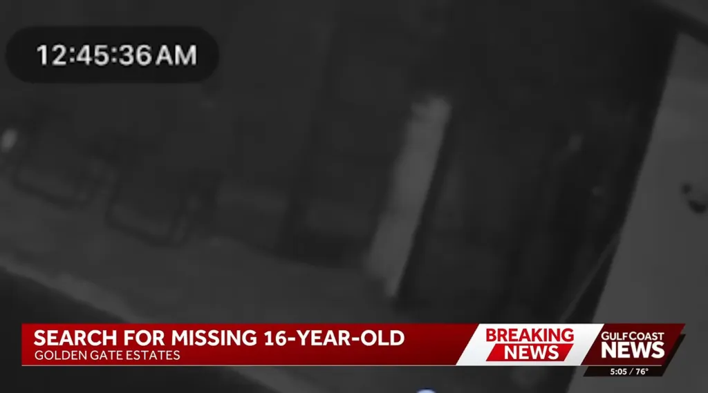 A still from a surveillance camera showing a dark, blurry image with a timestamp of 12:45:36 AM, overlaid with a news banner announcing "SEARCH FOR MISSING 16-YEAR-OLD" from "GULF COAST NEWS".