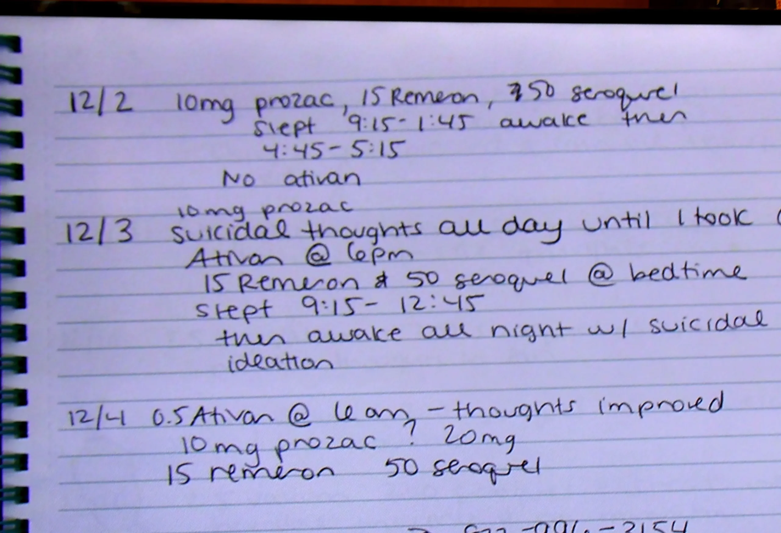 Spiral notebook page with handwritten entries dated 12/2, 12/3, and 12/4 logging medications and noting suicidal thoughts and sleep patterns.