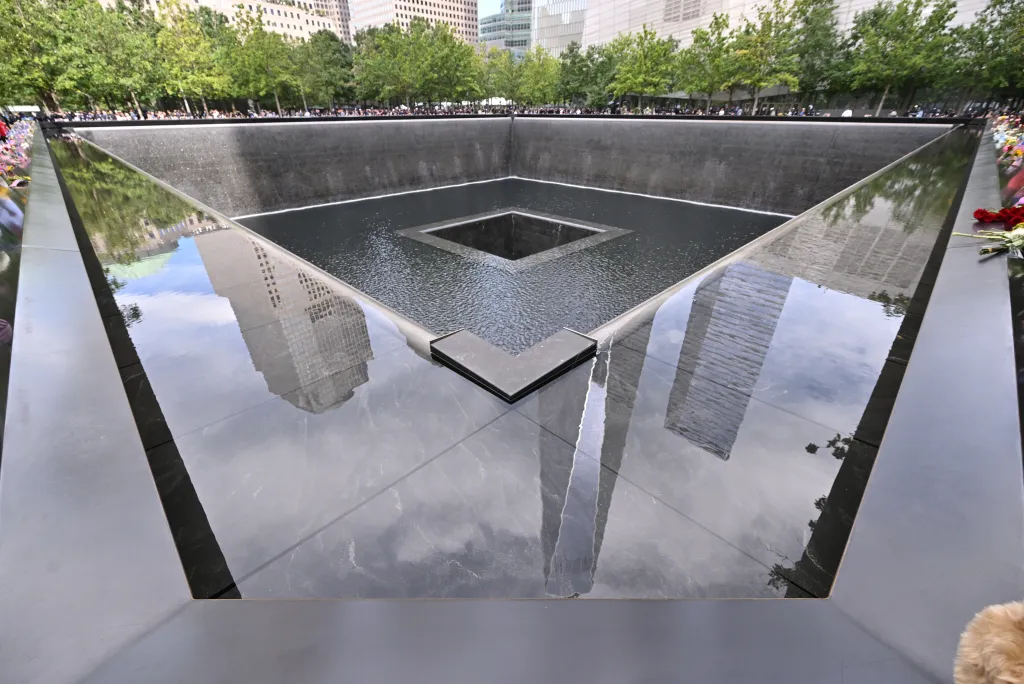 The National September 11 Memorial and Museum waterfall.
