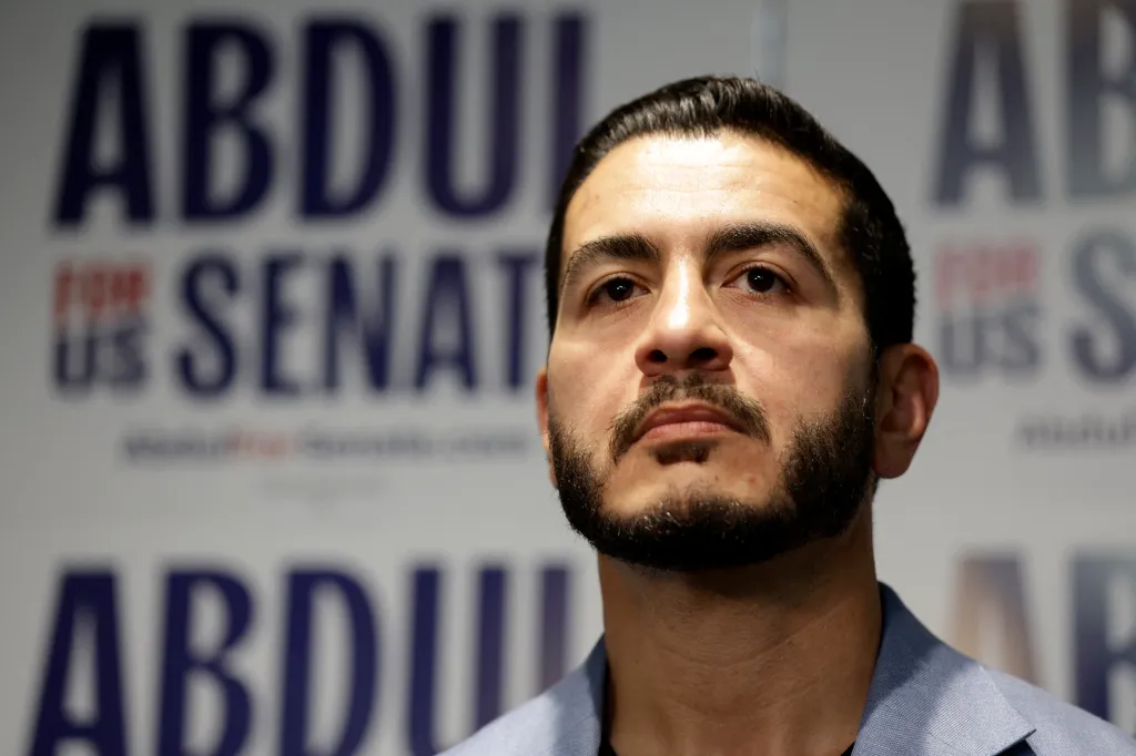 Abdul El-Sayed, Michigan Democratic Senate candidate, speaking with reporters.